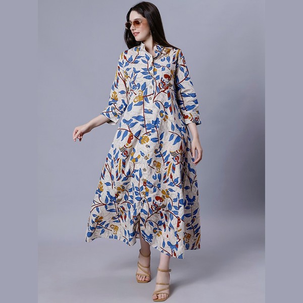 Floral Printed Mandarin Collar Cotton A-Line Midi Dresse