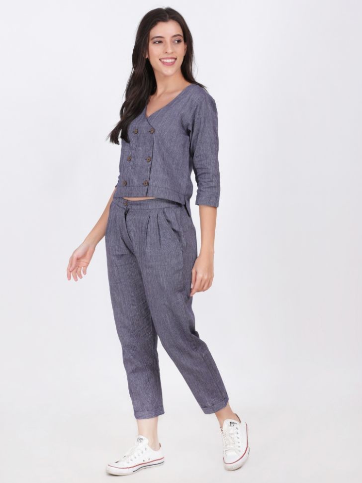 DAINA COTTON LINEN CO-ORD SET STORM BLUE COLOR