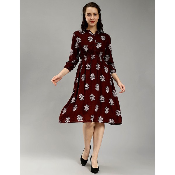 Printed Mandarin Collar Puff Sleeves Cotton Fit & Flare Midi Dress
