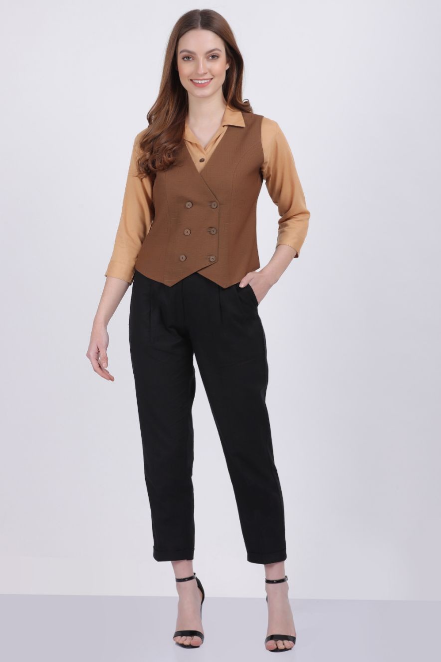 NILVANIA LINEN SILK VEST COAT BROWN COLOR