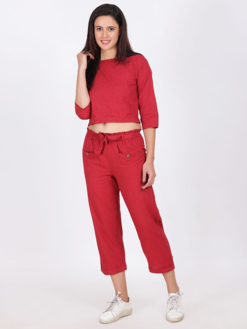 SOFIA COTTON LINEN CO-ORD SET CROSS RED COLOR