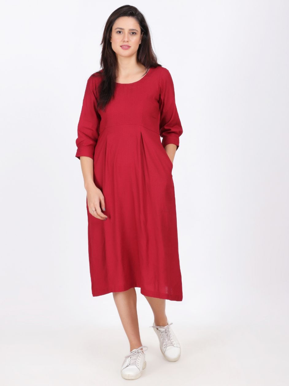 SARA LINEN SILK DRESS REDDISH MAROON COLOUR