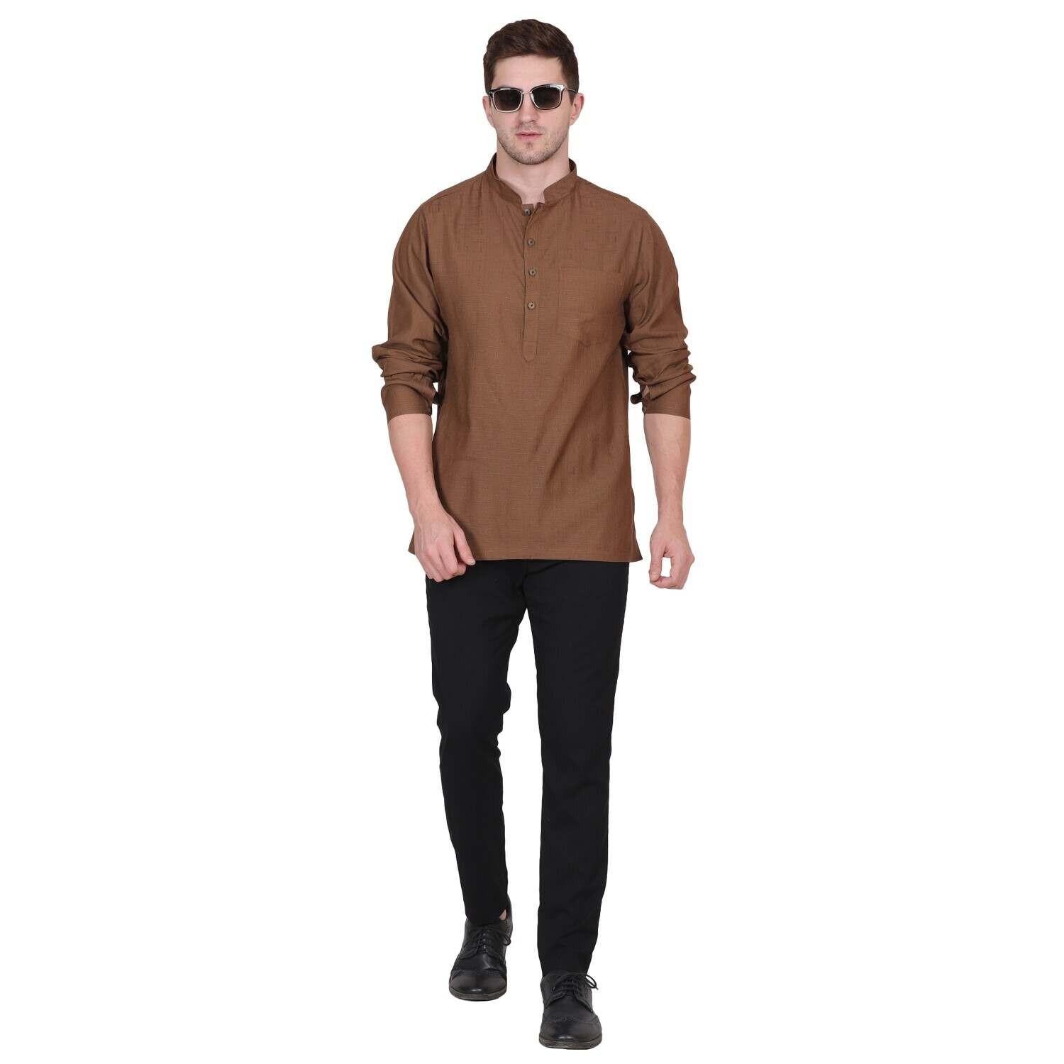 KABIRA MANDARIN LINEN SILK SHIRT BROWN COLOR