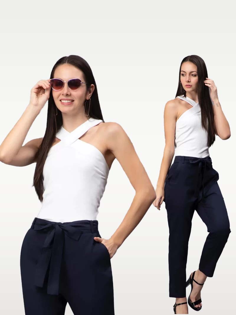 Entellus | Blue Woven Slim fit Trouser & Knits Criss Cross Halter Sleeveless Top