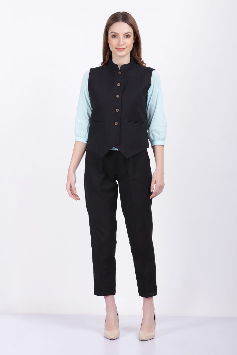 ZORICA ORGANIC LINEN VEST COAT BLACK COLOR