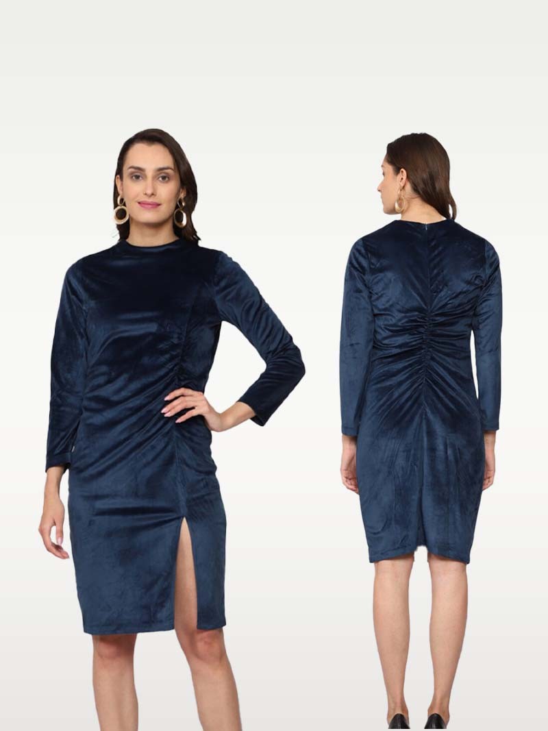 Entellus | Slit thigh A- Line Dress Navy Blue