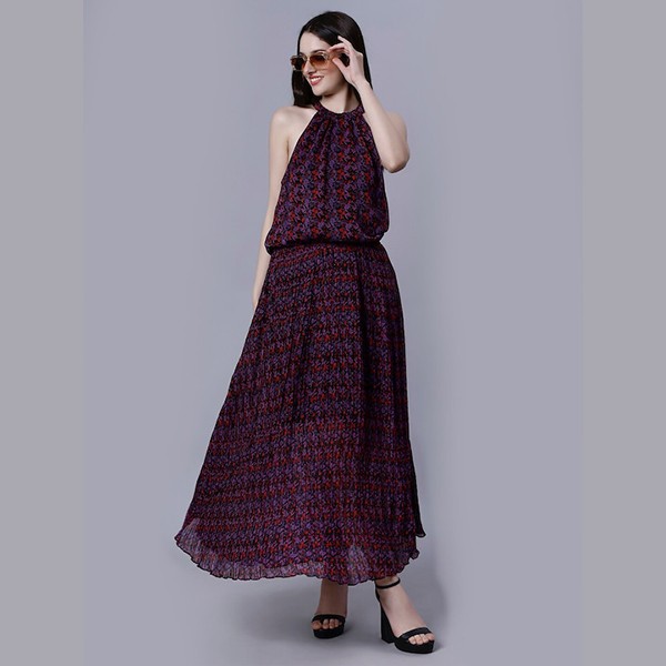 Floral Printed Halter Neck Sleeveless Georgette Cotton Flared Maxi Dress