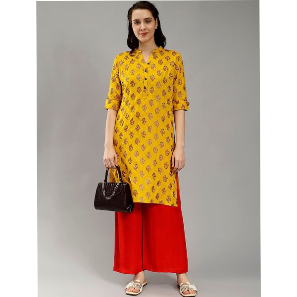 Printed Mandarin Collar Cotton Straight Kurta