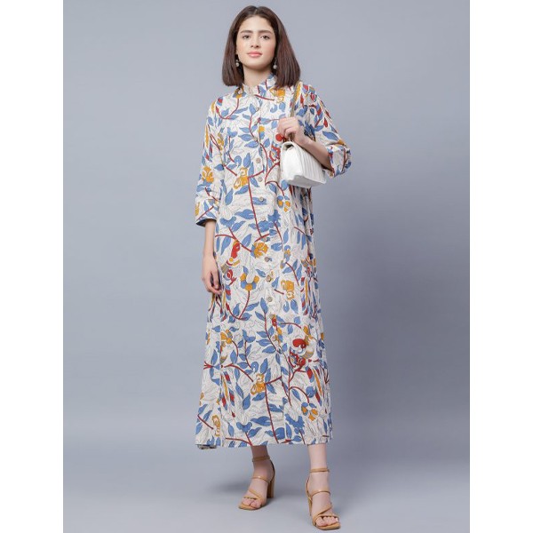 Printed Mandarin Collar A-Line Midi Cotton Dress