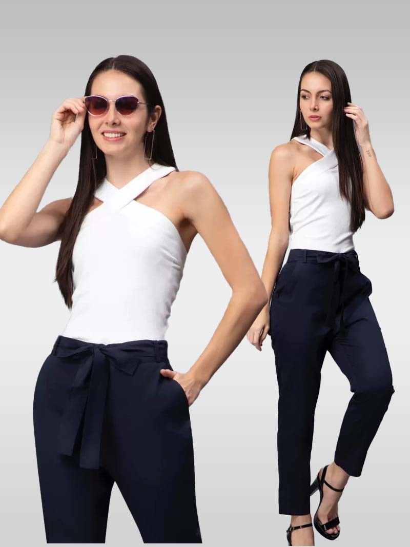 Blue woven slim fit trouser & Knits Top criss cross halter sleeveless tee (Top & Bottom set)