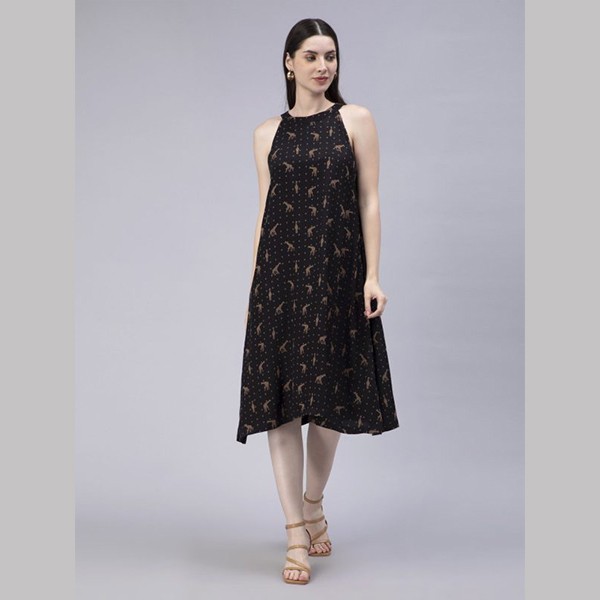 Conversational Printed Cotton A-Line Midi Dress