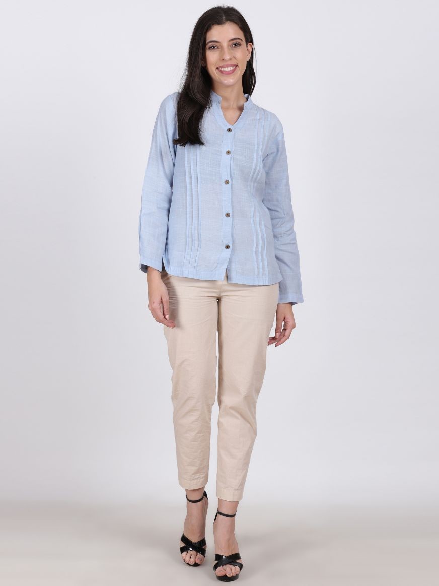 JENIFER LINEN ORGANZA TOP LIGHT BLUE COLOR