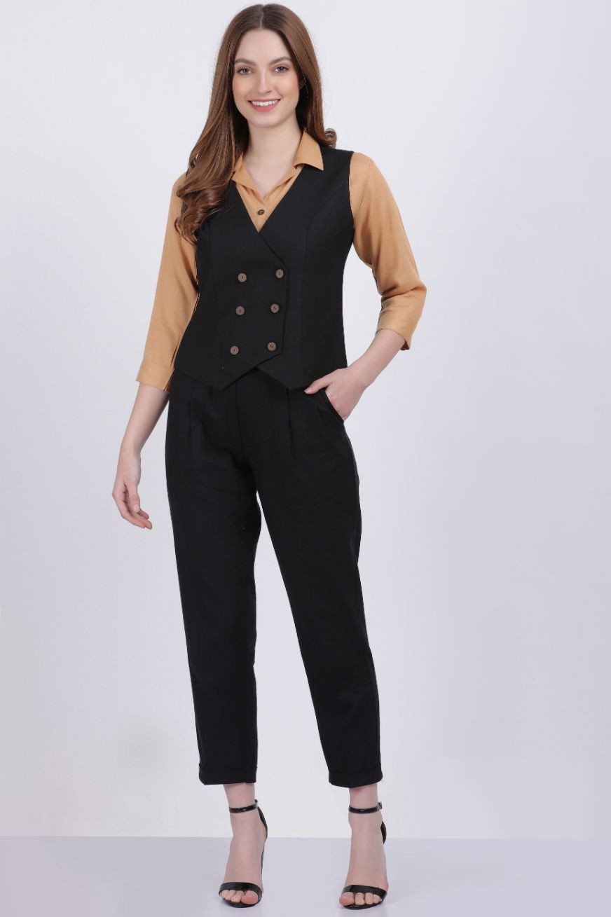 NILVANIA LINEN SILK VEST COAT BLACK COLOR