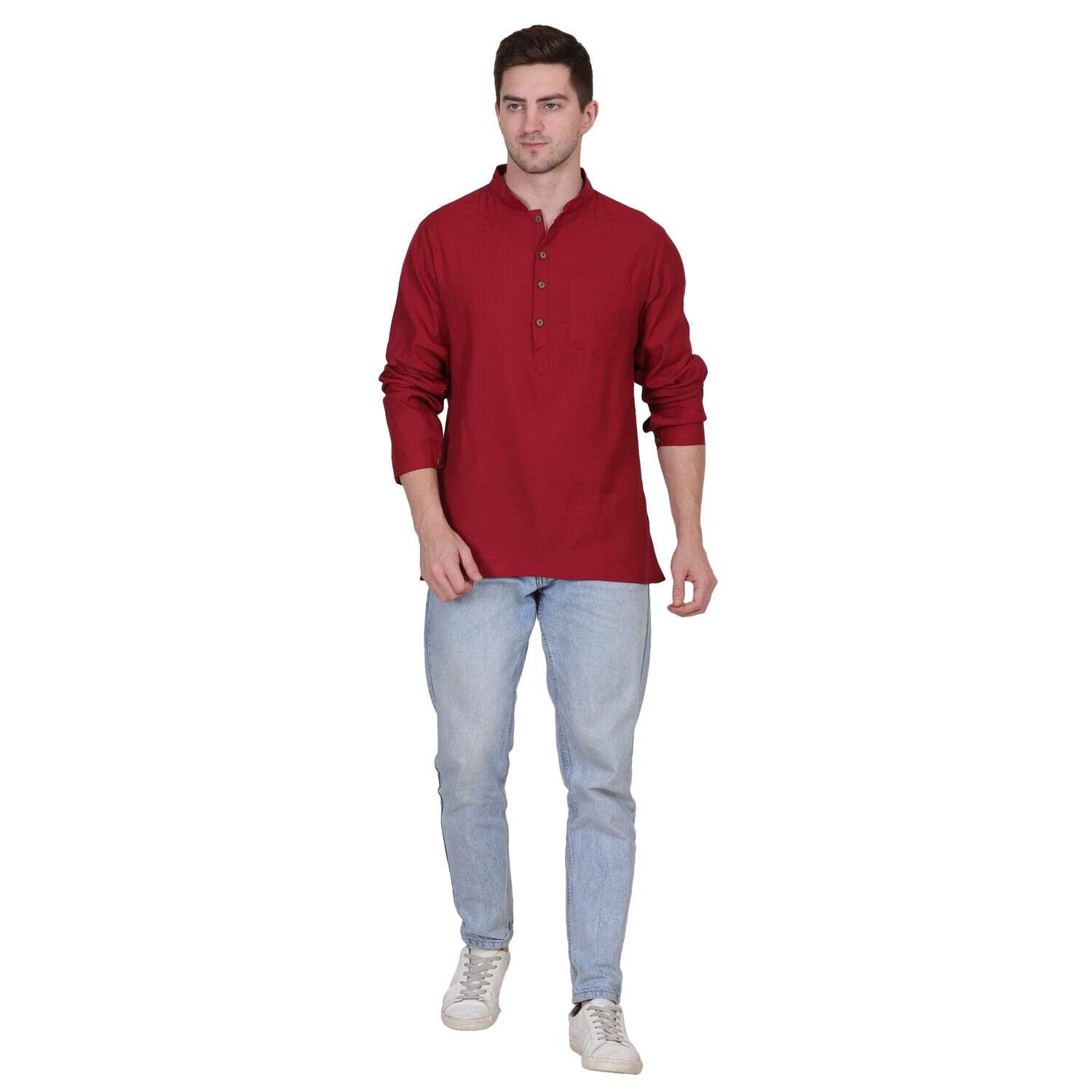 KABIRA MANDARIN LINEN SILK SHIRT REDDISH MAROON COLOR