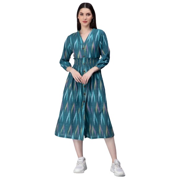 Ethnic Motifs Ikkat Printed V-Neck Smocked Shirt Dress