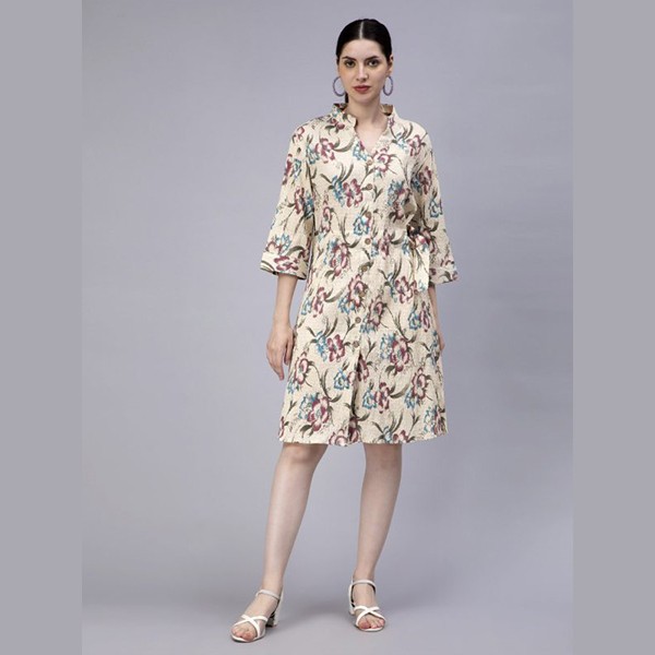 Floral Printed Mandarin Collar Smocked Cotton Shirt Dress